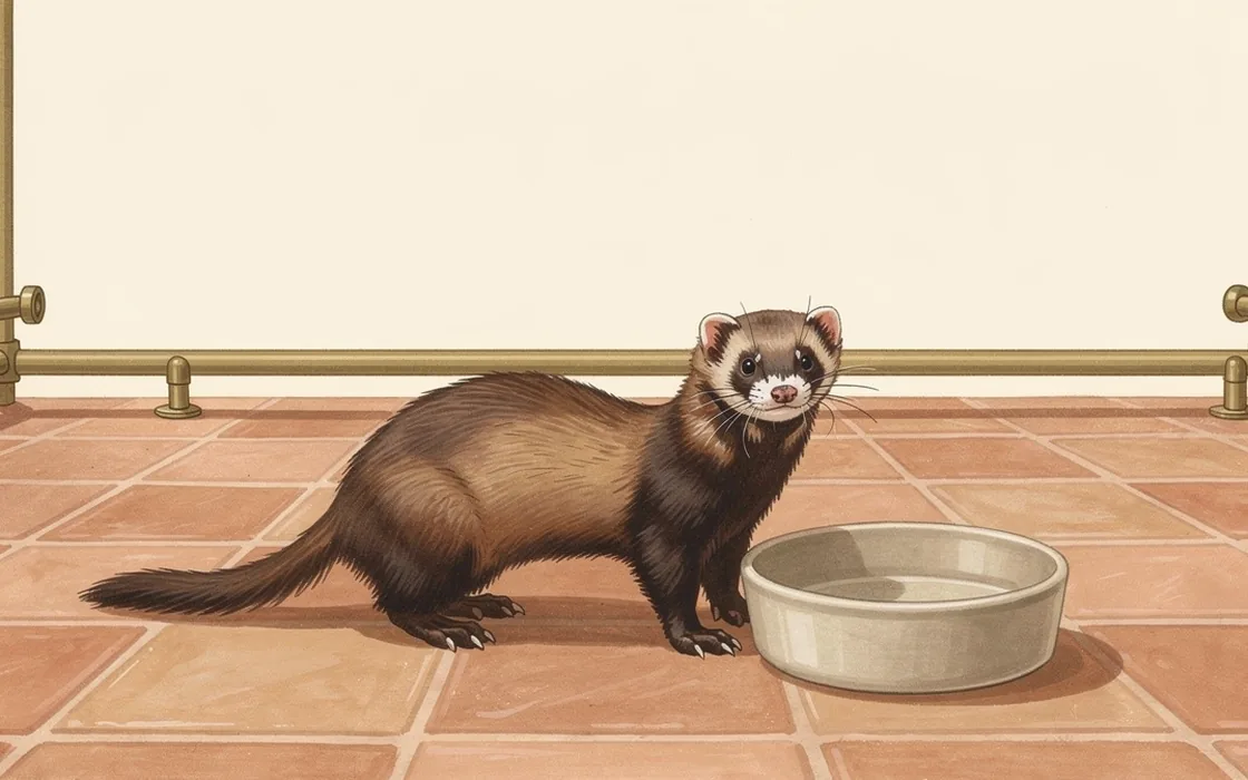 Sable ferret standing beside a ceramic bowl in an observation enclosure
