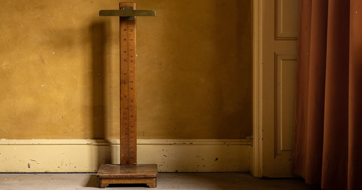 Wooden height-measuring rail with a brass headpiece and foot platform