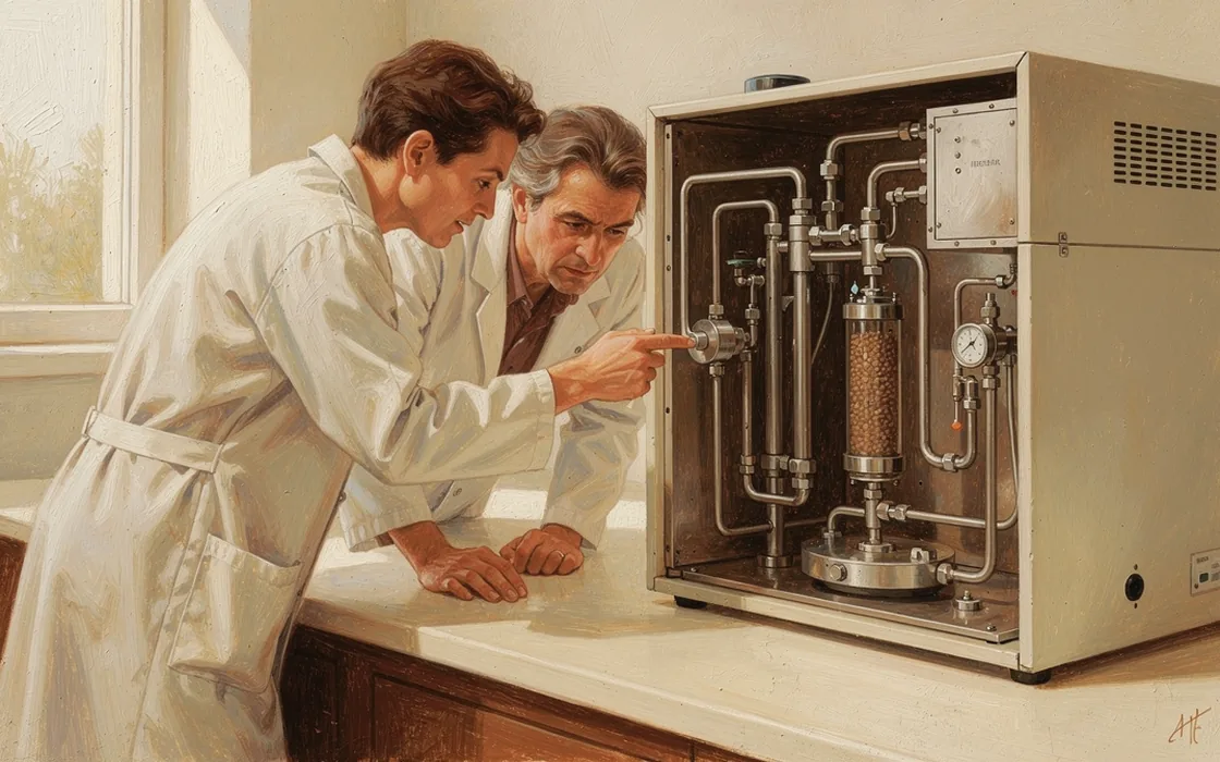 Two laboratory technicians examining tubing inside a chromatography instrument