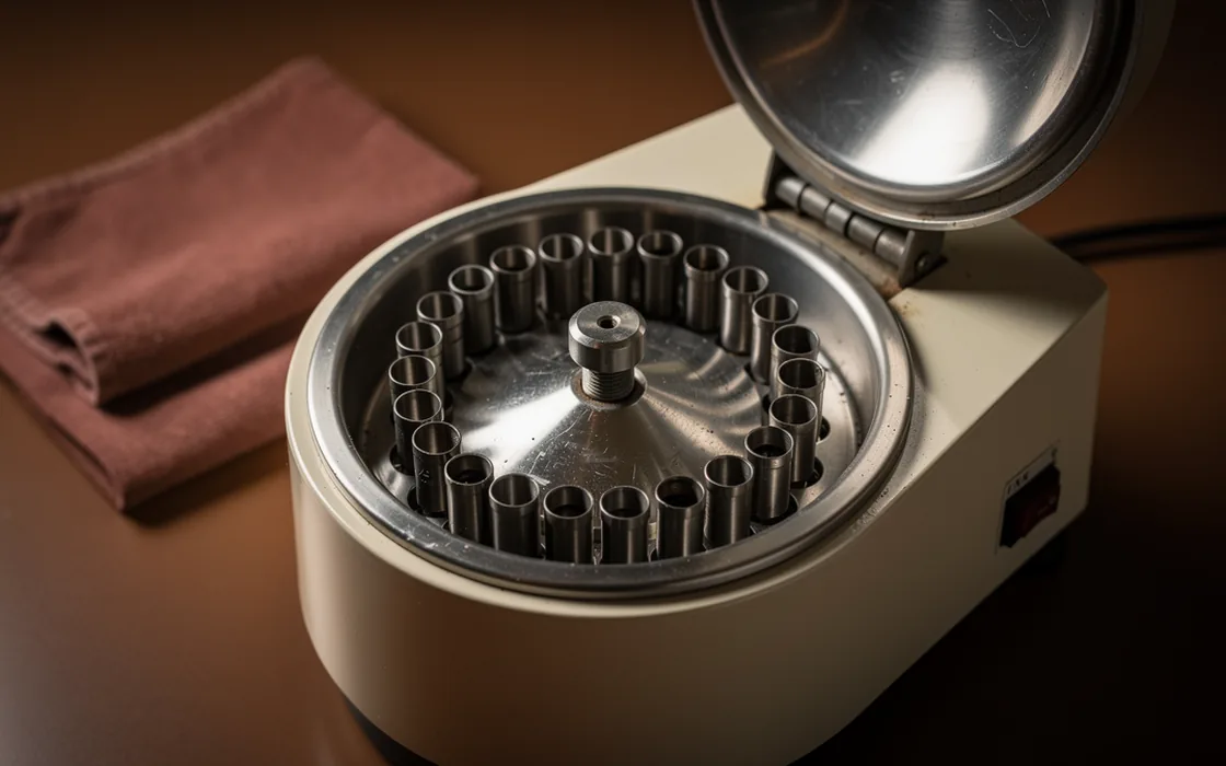 Open laboratory centrifuge with empty metal sample holders and cream casing